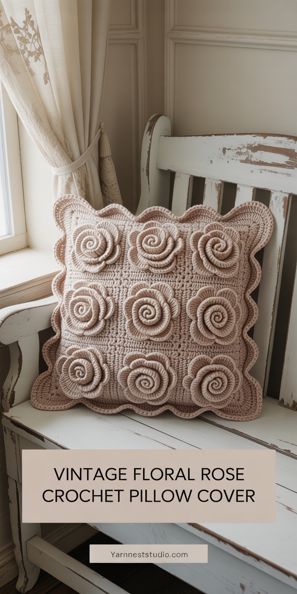 Vintage Floral Rose Crochet Pillow Cover