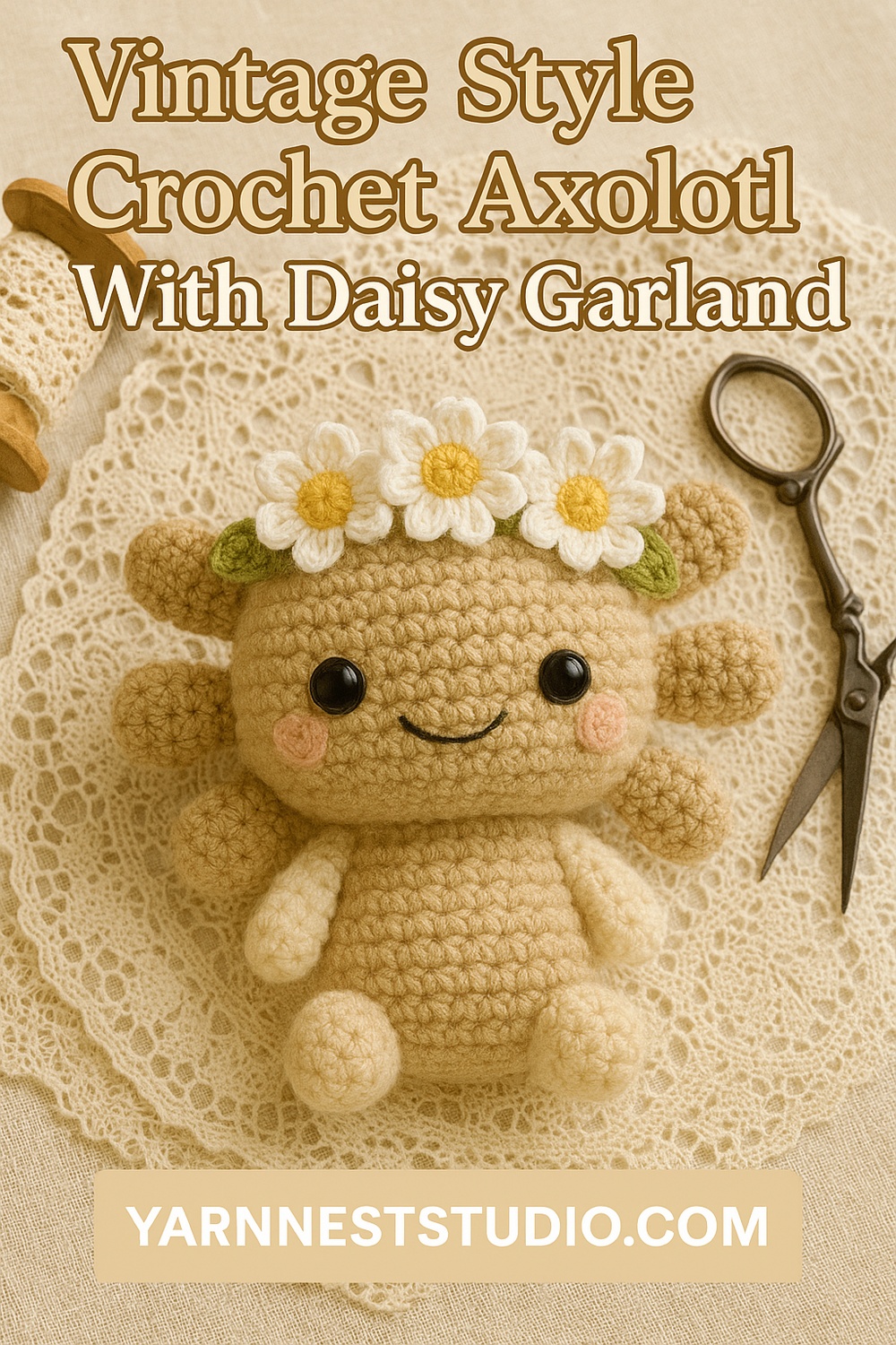 Vintage Inspired Axolotl Doll with Crochet Daisy Garland