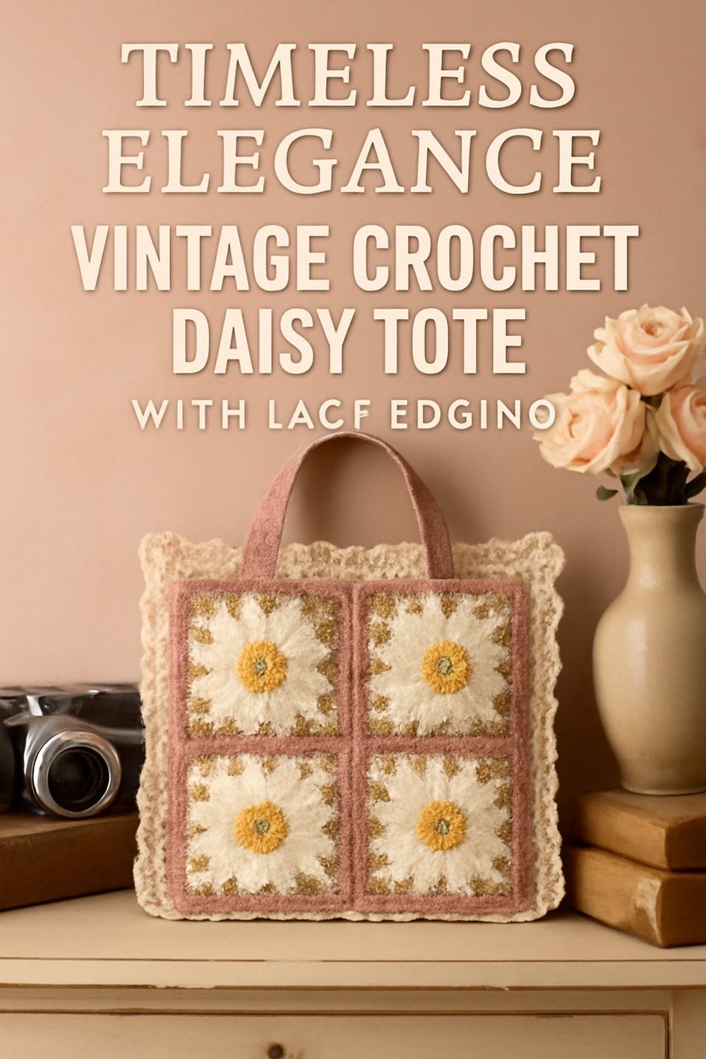 Vintage Inspired Daisy Mesh Tote with Crochet Lace Edging