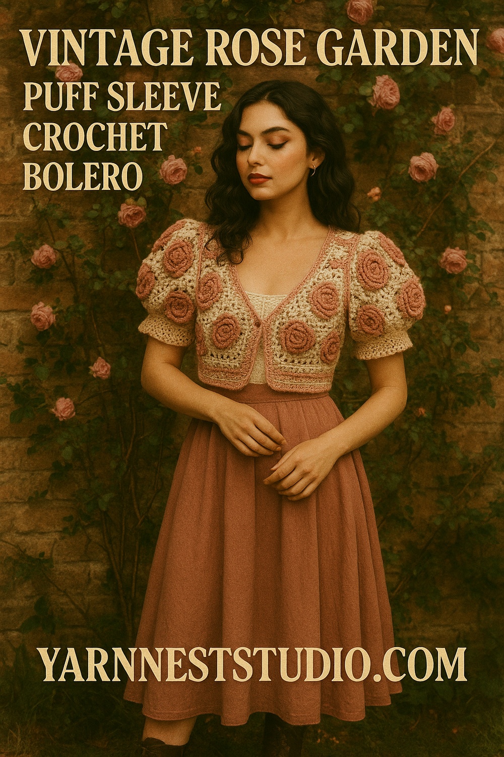 Vintage Rose Garden Crochet Puff Sleeve Bolero