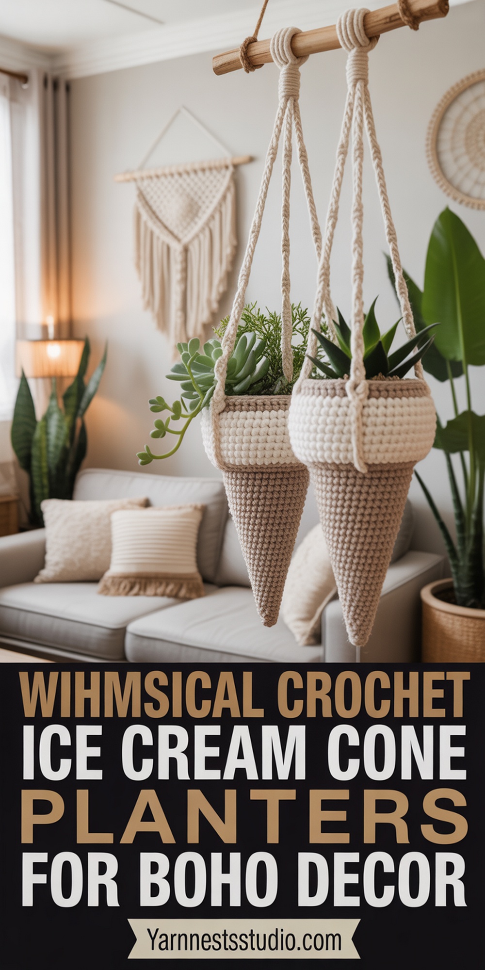 Whimsical Crochet Ice Cream Cone Planters for Boho Decor