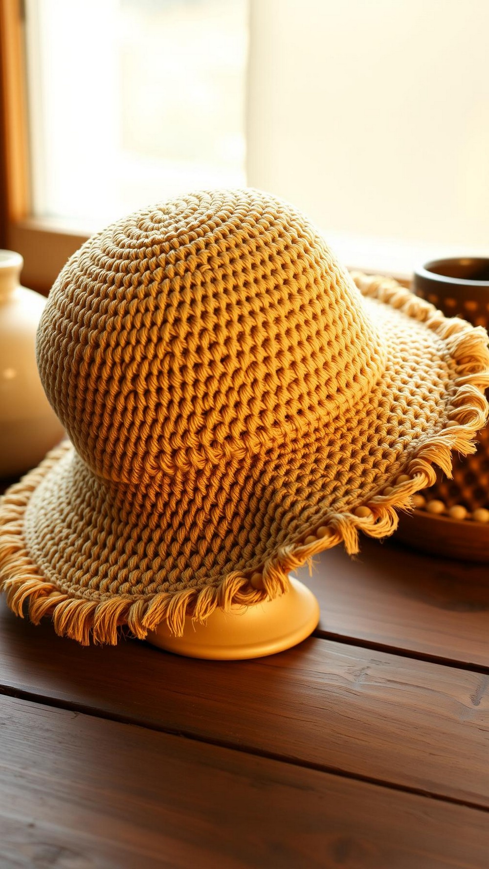 Boho Frayed Edge Crochet Raffia Bucket Hat
