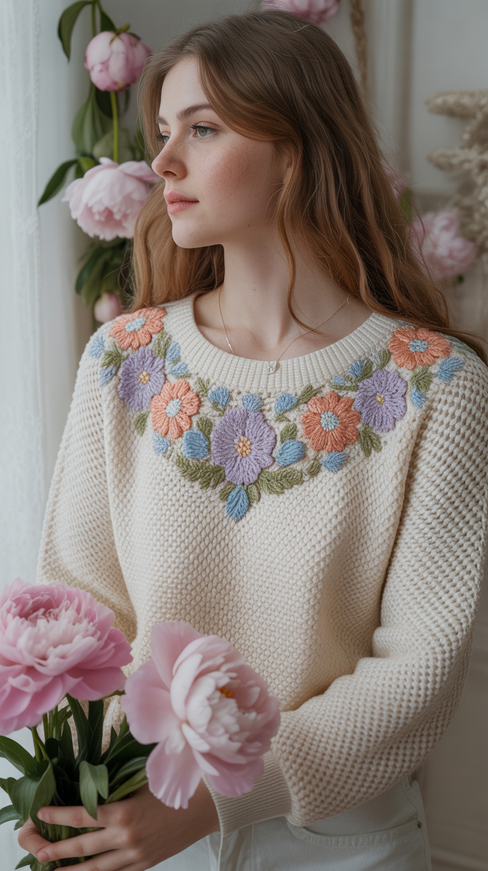 Delicate Floral Detail Crochet Sweater