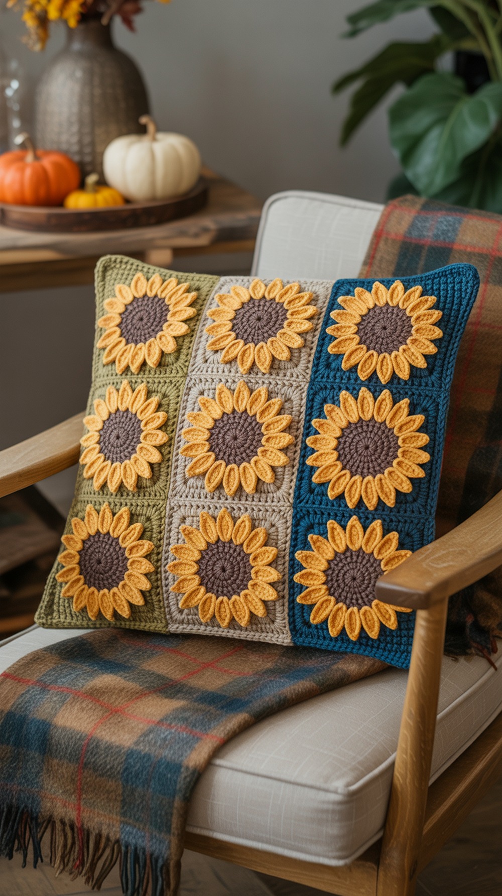 Autumn Sunflower Pillow (Rustic Tweed Nine Patch)