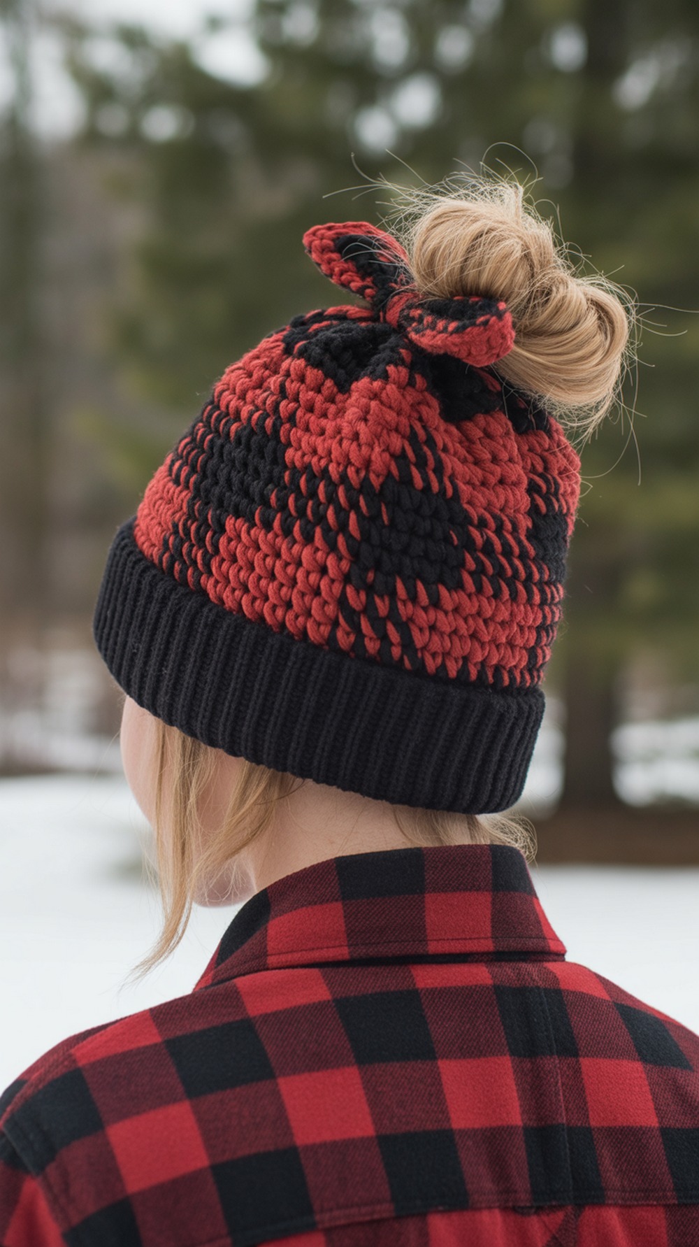 Buffalo Plaid Messy Bun Hat
