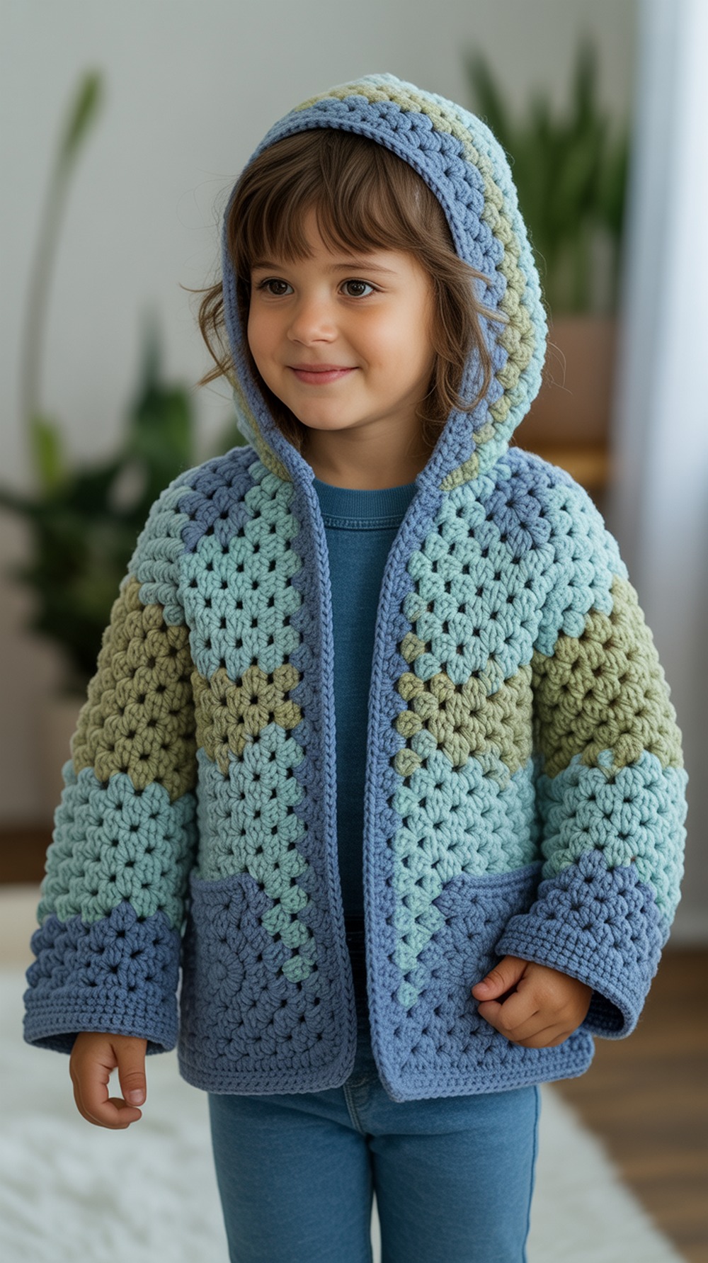 Caron Granny Jacket (Hooded Squares, Kid Friendly)