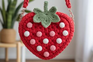 Chunky Strawberry Heart Crochet Shoulder Bag