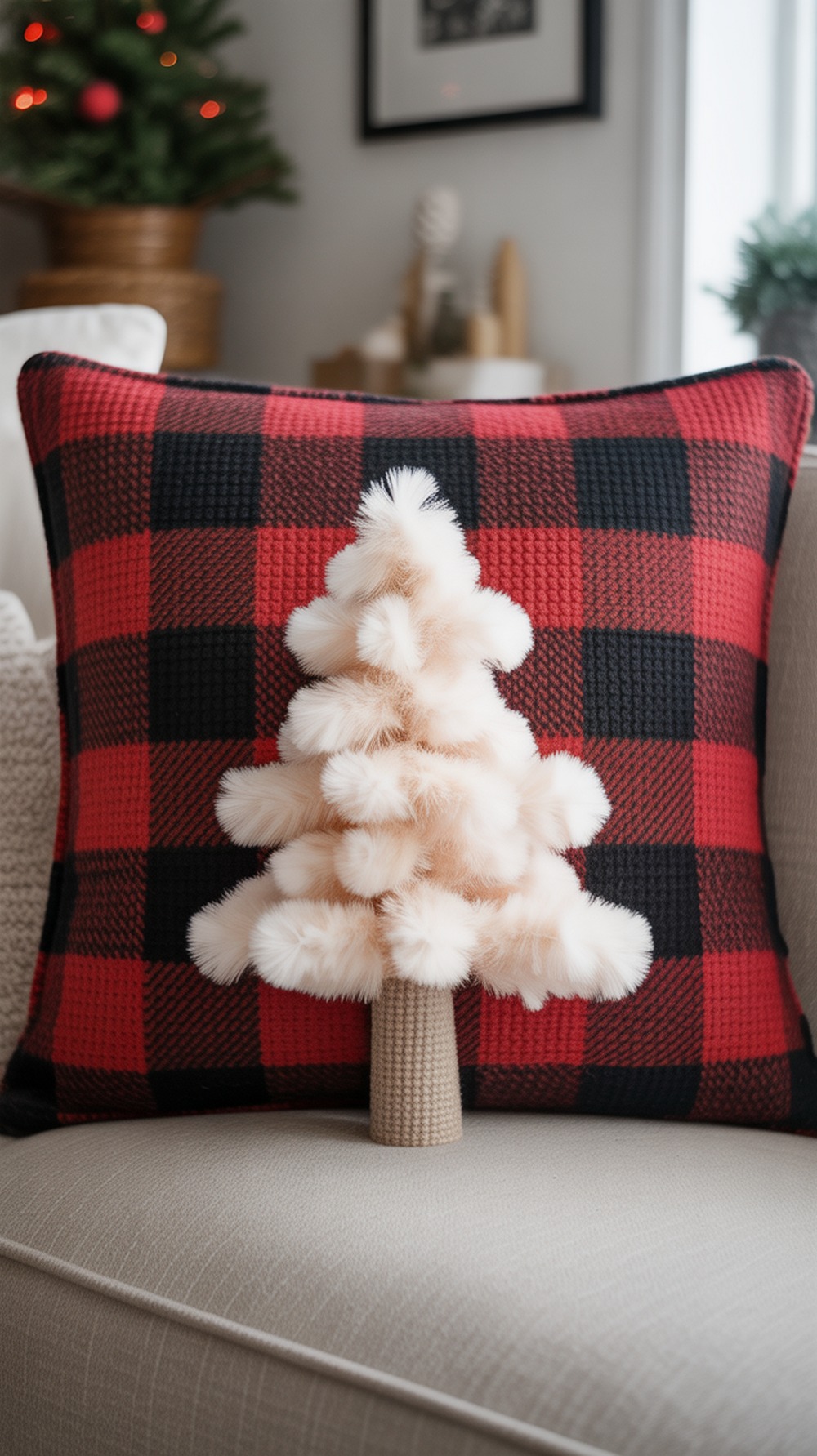 Cozy Holiday Plaid Pillow with Faux Fur Tree