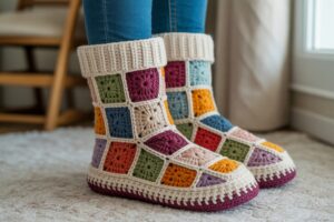 Crochet Cozy Granny Square Slipper Boots