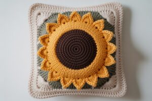 Easy Sunflower Puff Stitch Crochet Cushion Cover