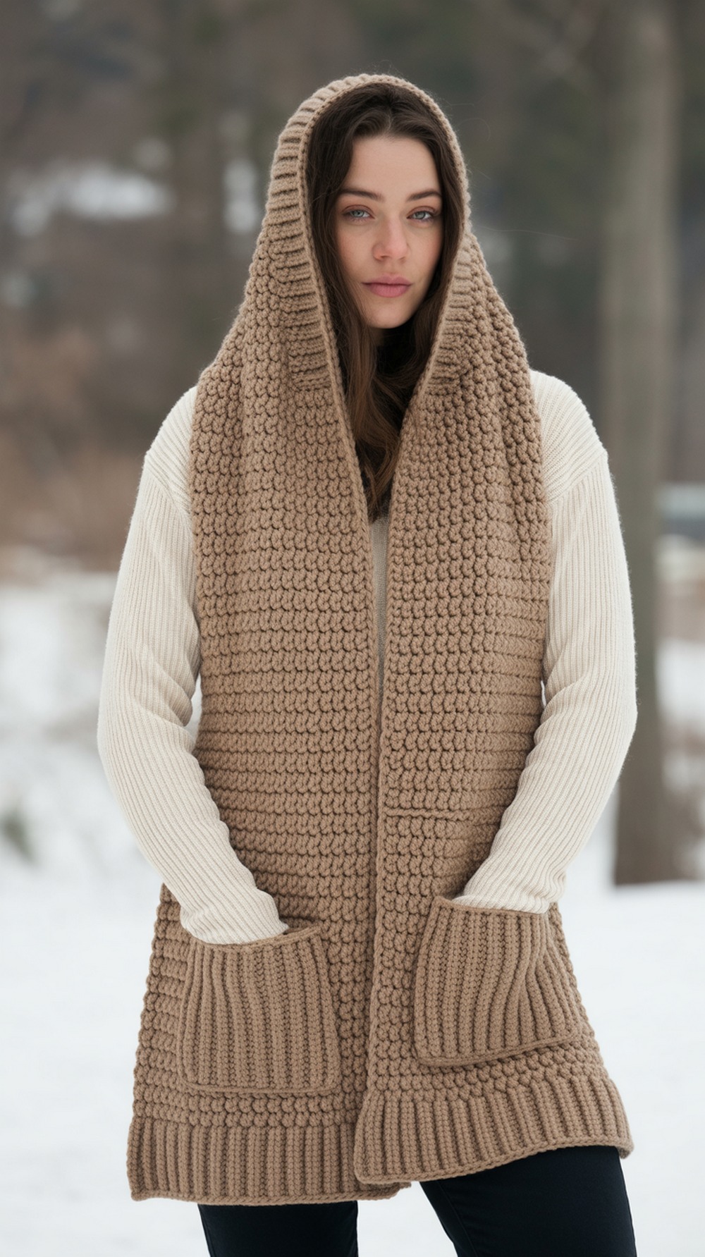 Hooded Crochet Scarf with Pockets