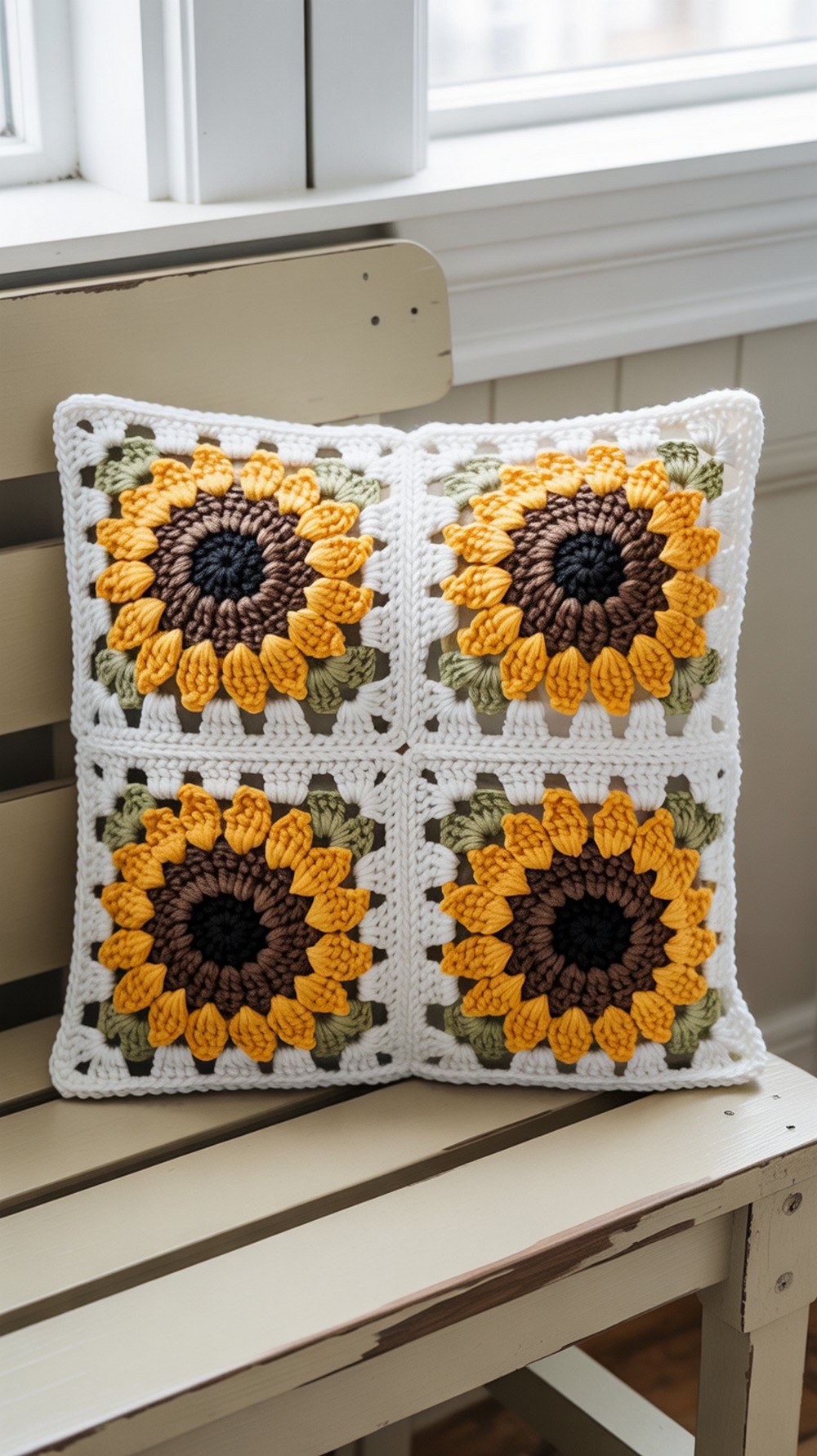 Sunflower Granny Square Pillow ( Square Front)