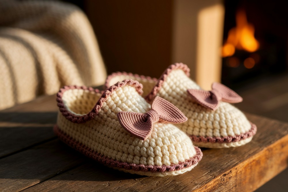 14 Crochet Bow-Trim Slippers Ideas