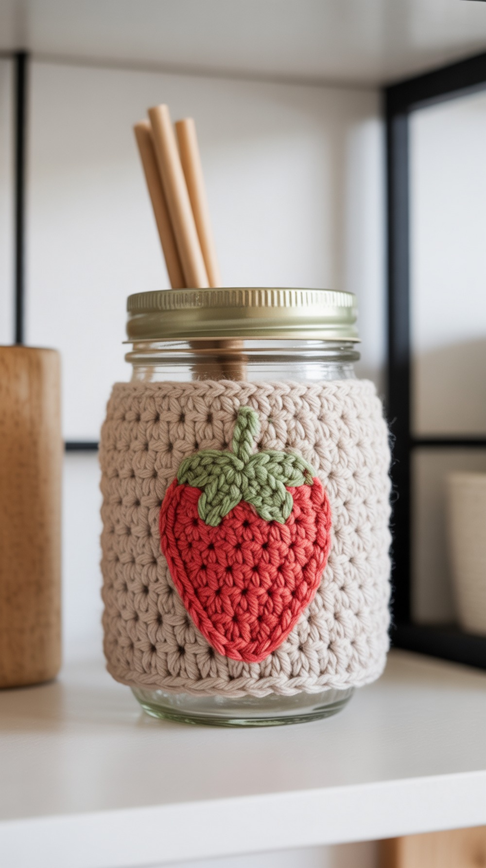 Mason Jar Cozy with Strawberry Appliqué