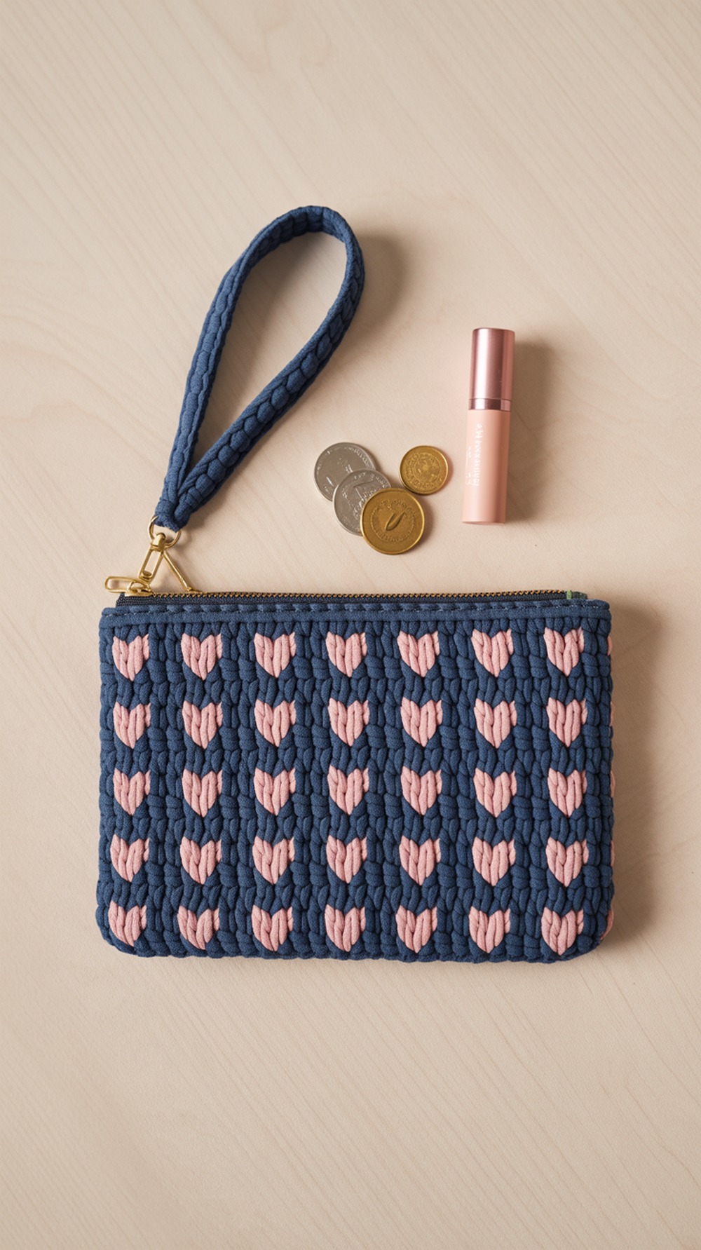 Navy Pink Tapestry Heart Wristlet