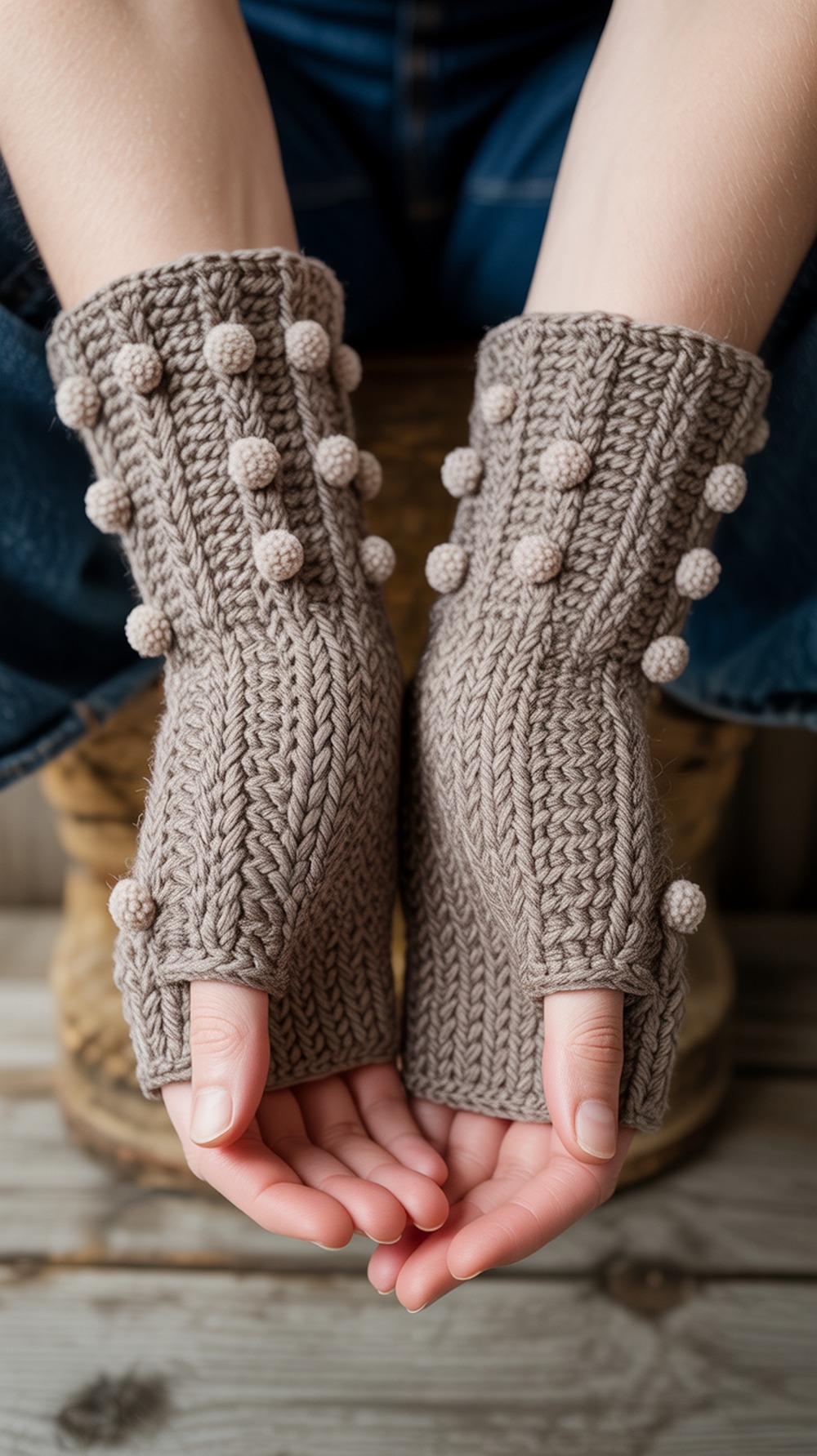 Woven Bobble Fingerless Gloves