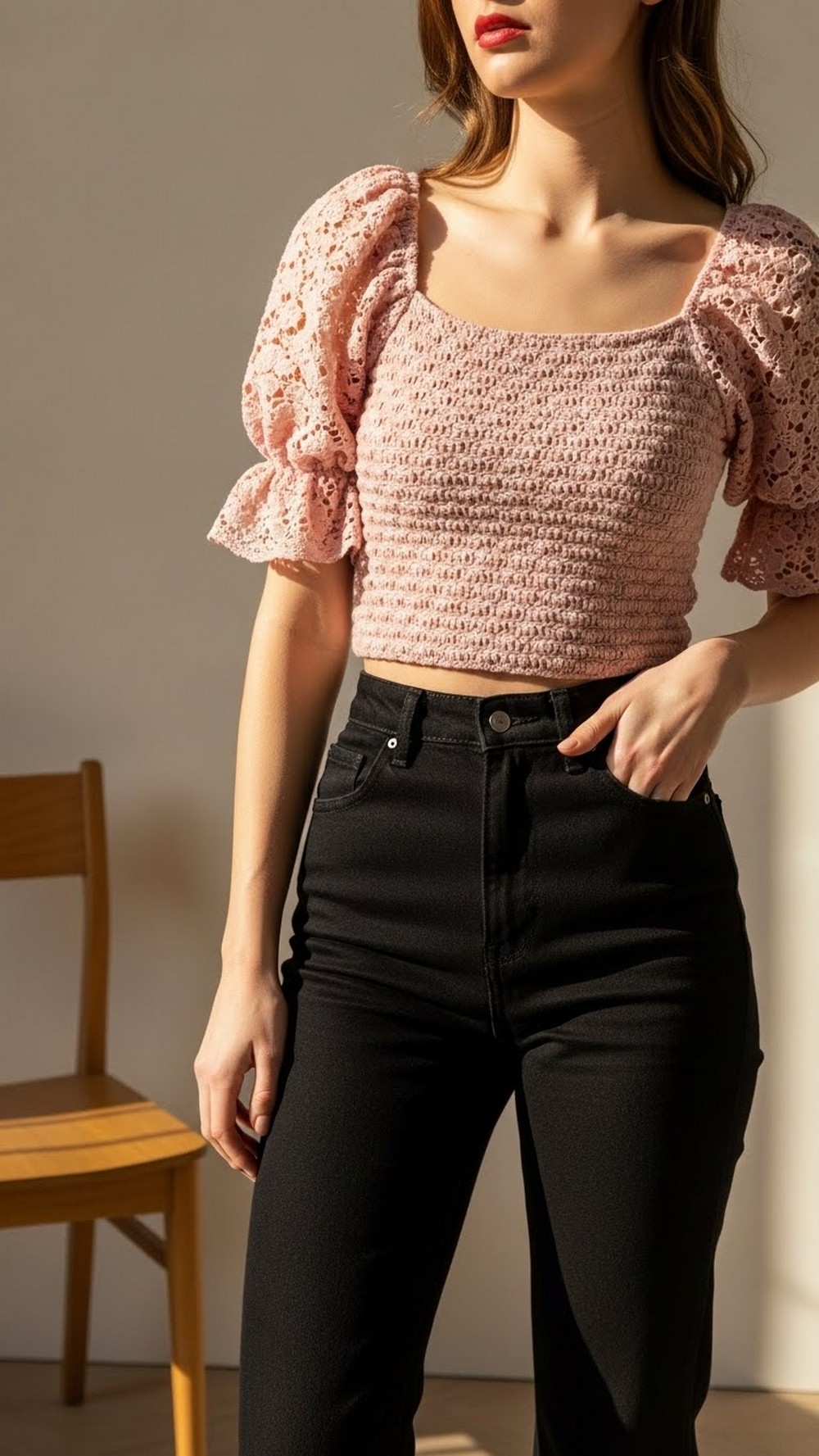 Cherry Blossom Puff-Sleeve Crop Top Outfit