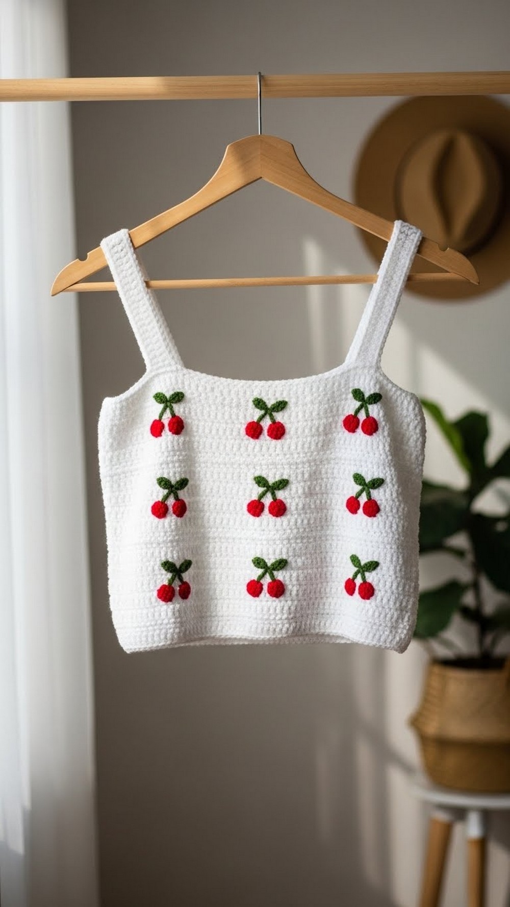 Cherry Crochet Tank Top with Cross-Stitch Motifs