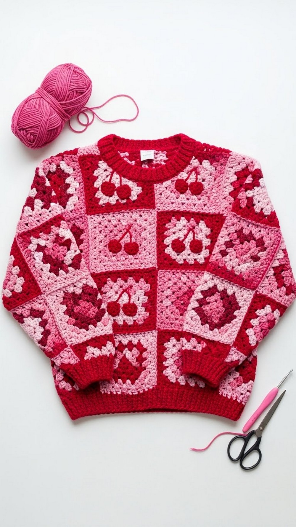 Cherry Patchwork Granny Square Sweater