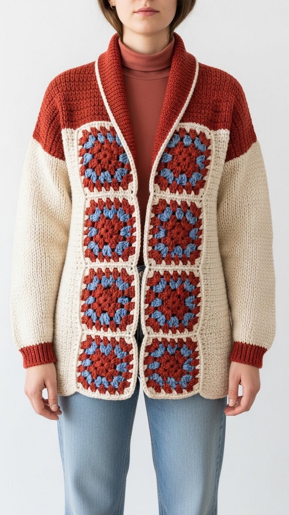 Split Granny Square Open Front Cardigan