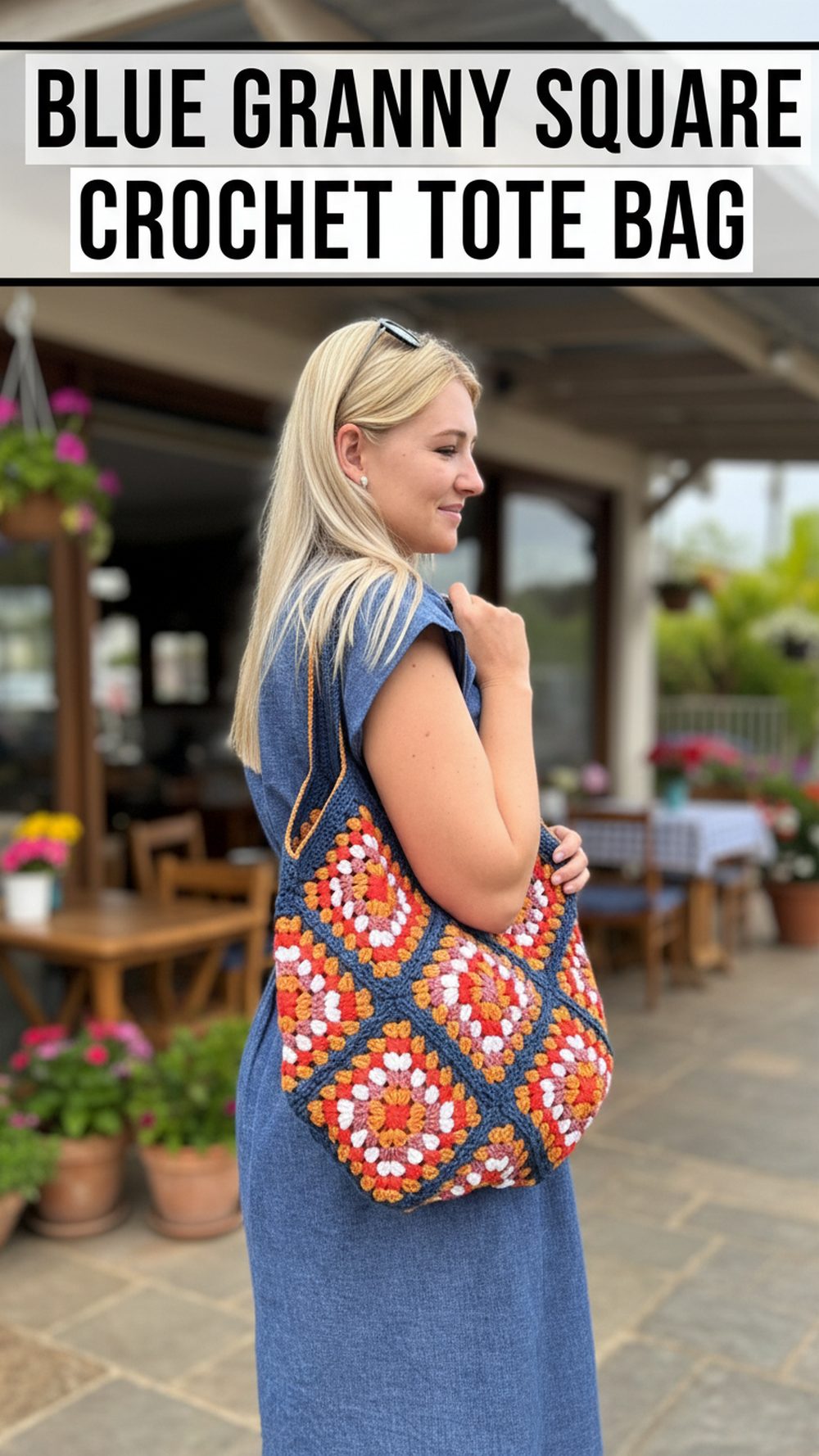 Blue Granny Square Crochet Tote Bag