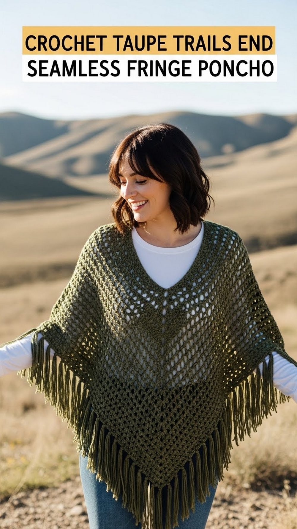 Crochet Taupe Trails End Seamless Fringe Poncho