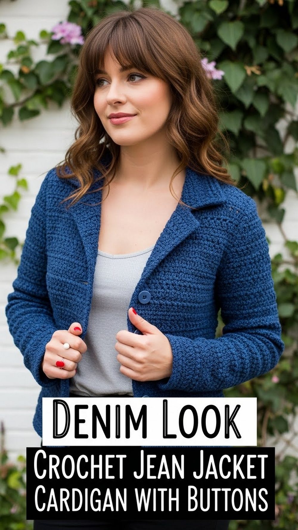 Denim Look Crochet Jean Jacket Cardigan with Buttons