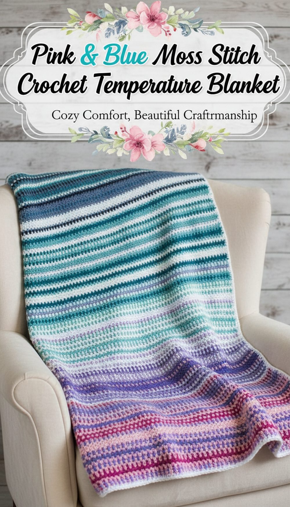 Pink & Blue Moss Stitch Crochet Temperature Blanket