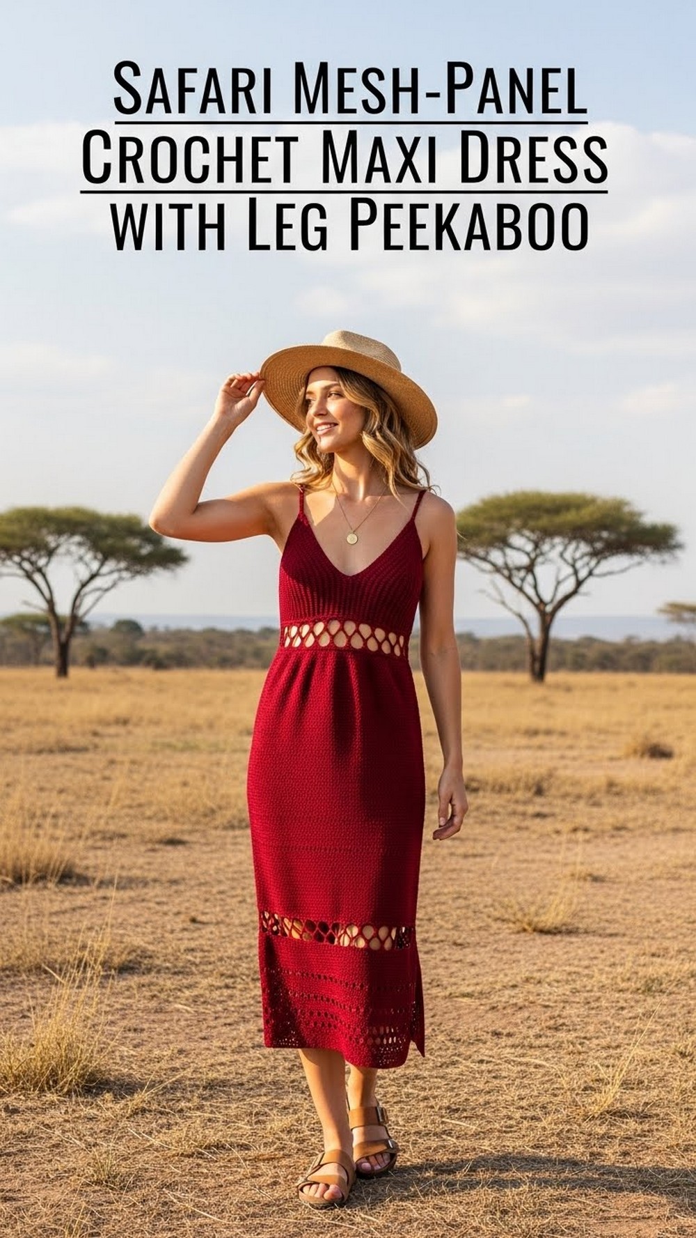 Safari Mesh-Panel Crochet Maxi Dress with Leg Peekaboo