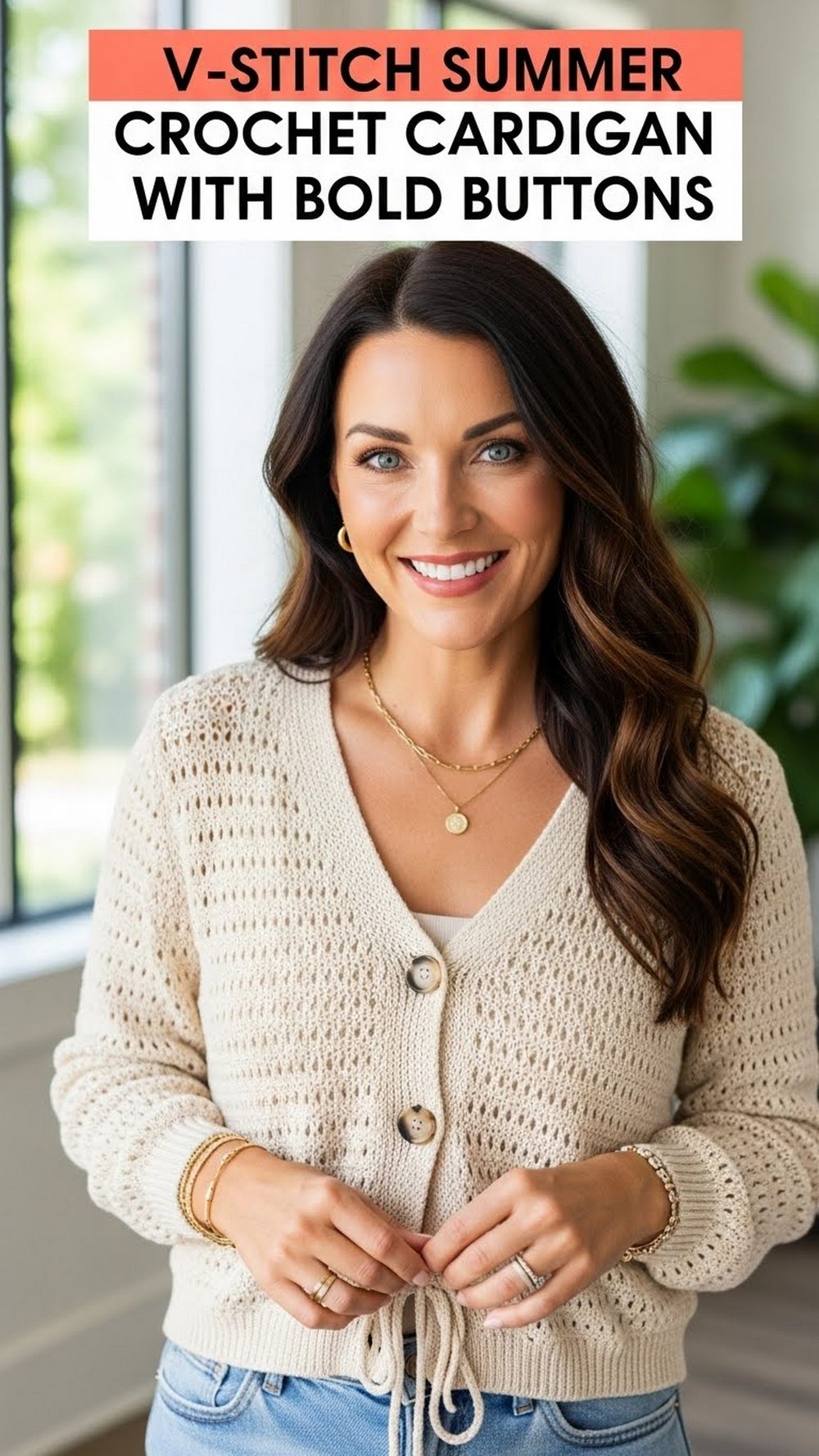 V-Stitch Summer Crochet Cardigan with Bold Buttons