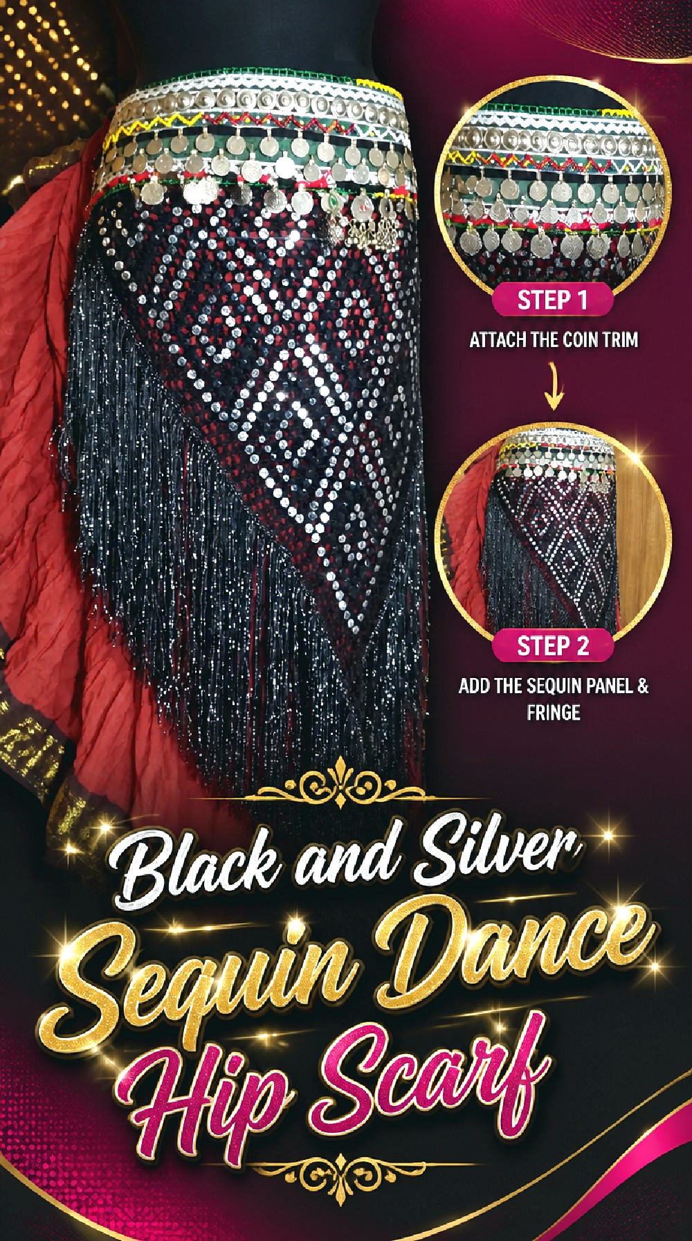 Black and Silver Sequin Dance Hip Scarf