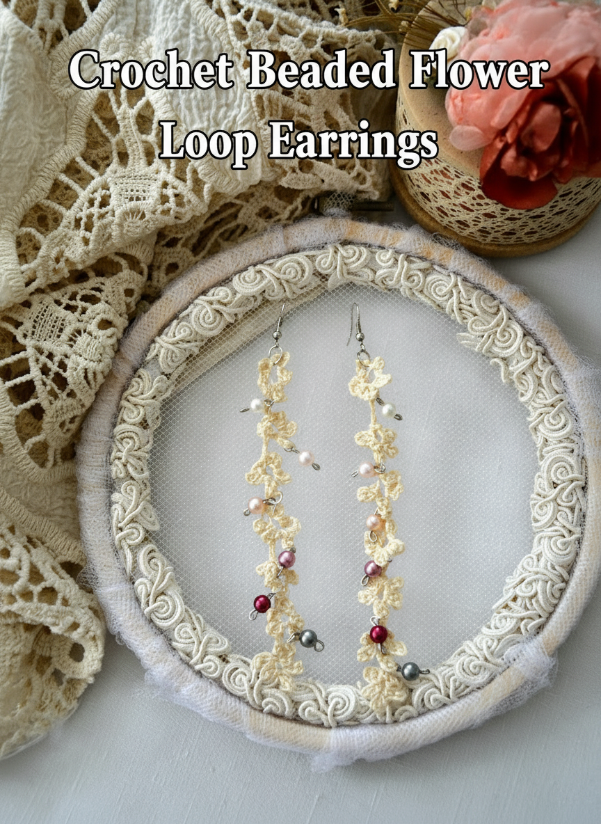 Crochet Beaded Flower Loop Earrings