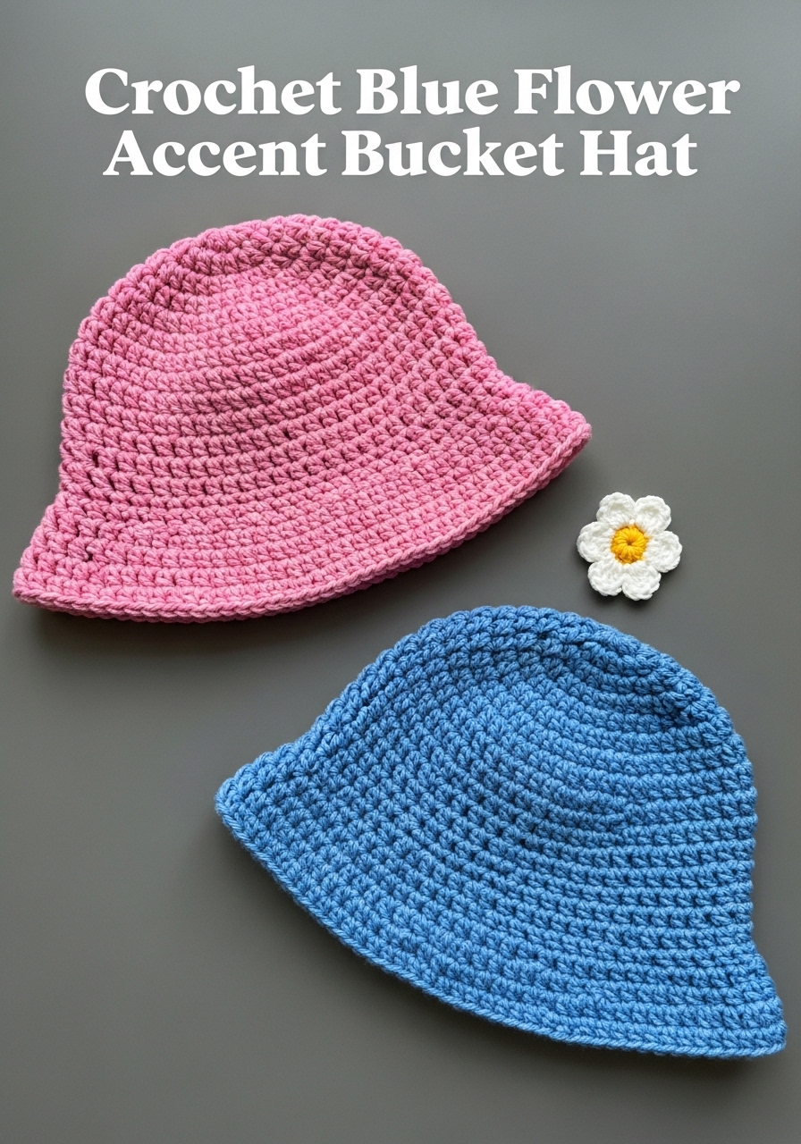 Crochet Blue Flower Accent Bucket Hat