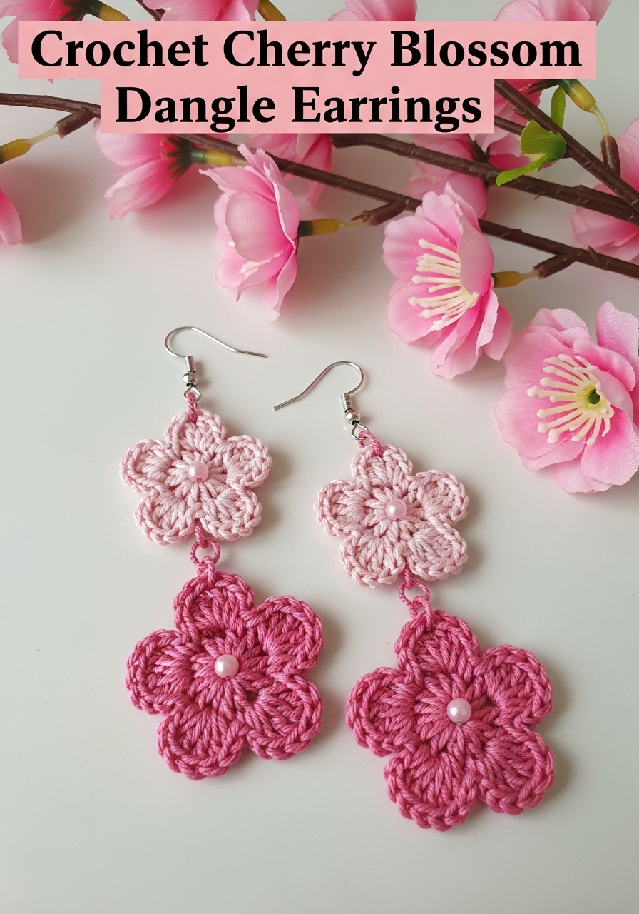 Crochet Cherry Blossom Dangle Earrings