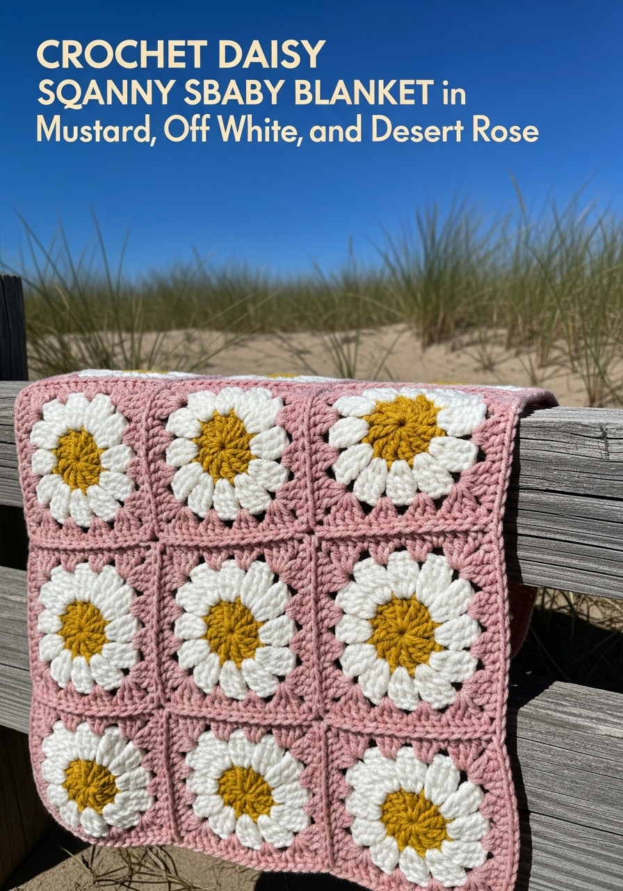 Crochet Daisy Granny Square Baby Blanket in Mustard, Off White, and Desert Rose