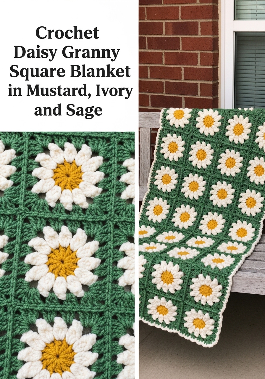 Crochet Daisy Granny Square Blanket in Mustard, Ivory, and Sage