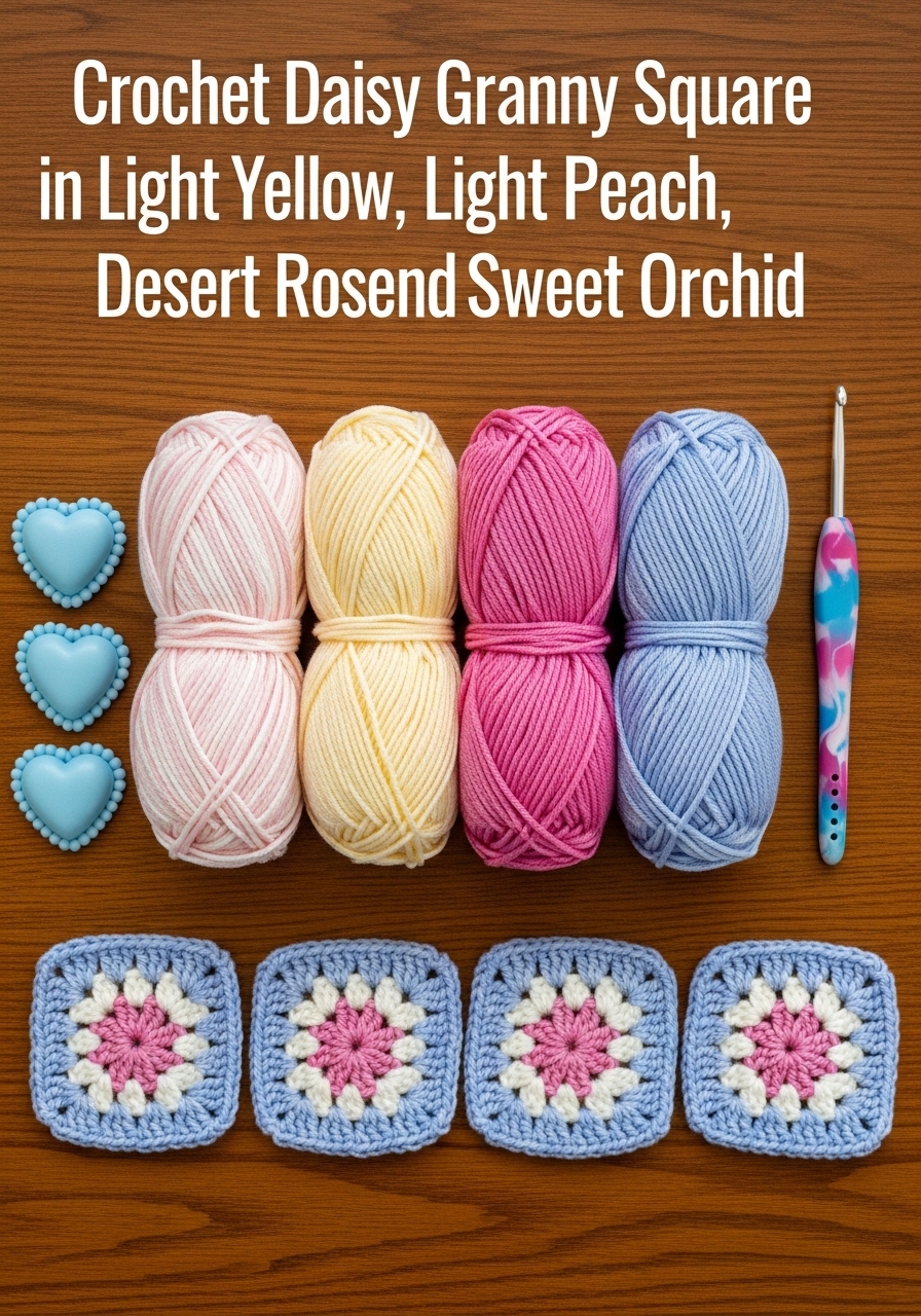Crochet Daisy Granny Square in Light Yellow, Light Peach, Desert Rose, and Sweet Orchid