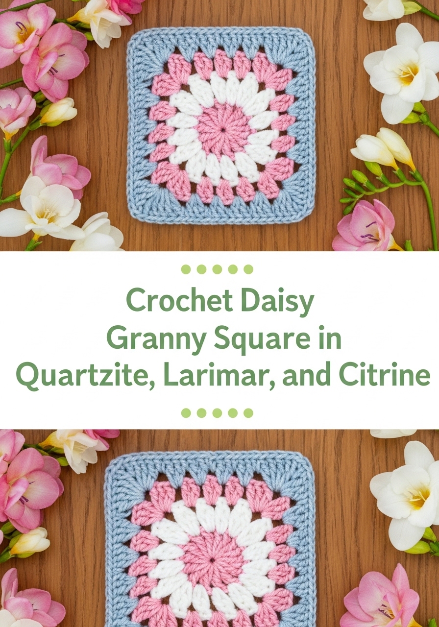 Crochet Daisy Granny Square in Pink Quartzite, Larimar, and Citrine