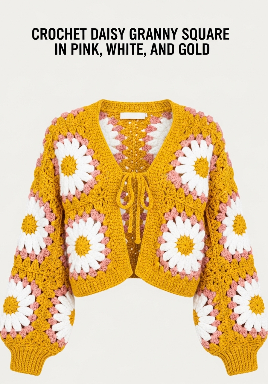 Crochet Daisy Granny Square in Pink, White, and Gold