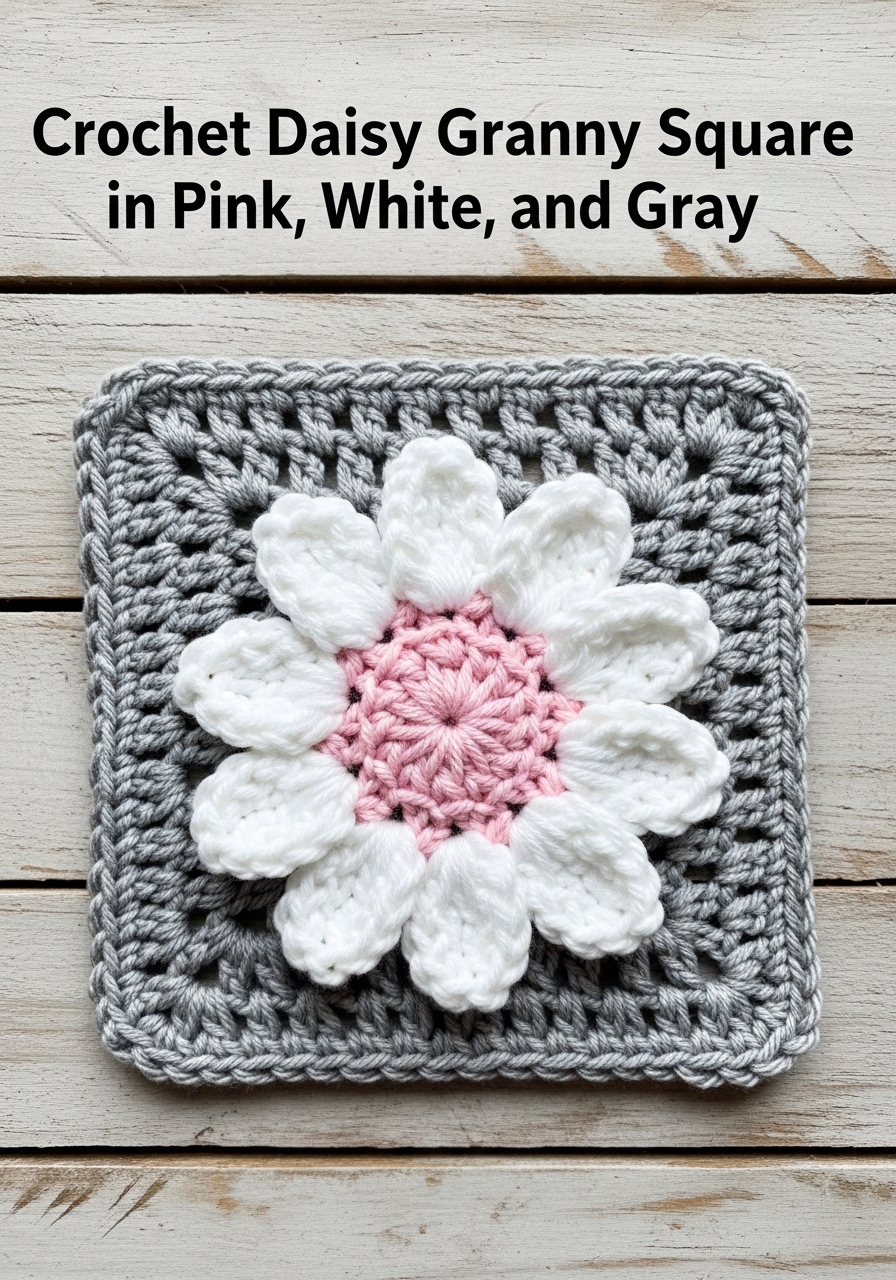 Crochet Daisy Granny Square in Pink, White, and Gray