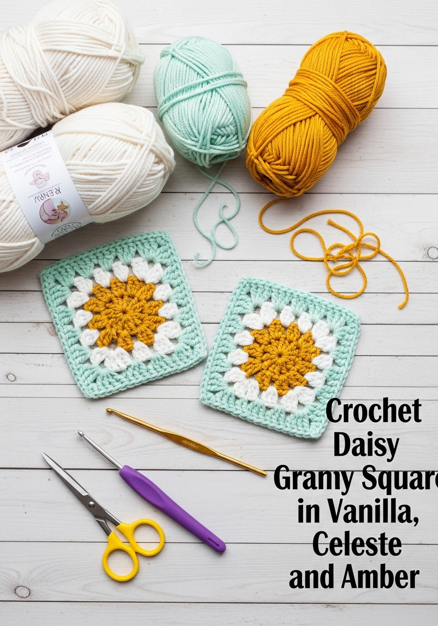 Crochet Daisy Granny Square in Vanilla, Celeste, and Amber