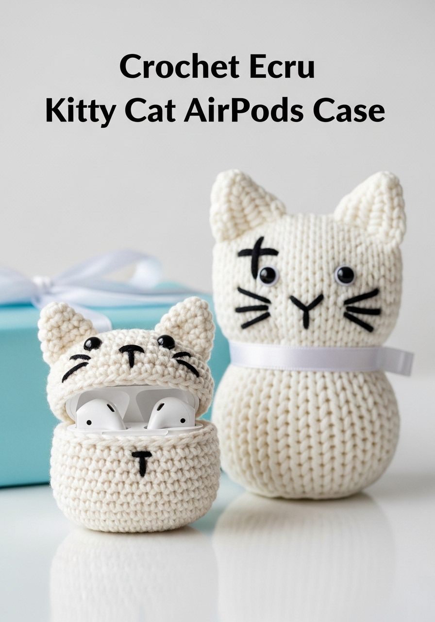 Crochet Ecru Kitty Cat AirPods Case