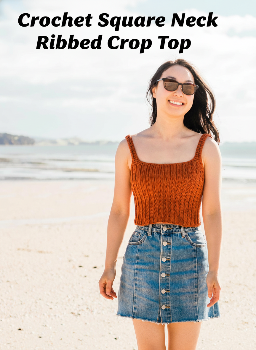 Crochet Square Neck Ribbed Crop Top