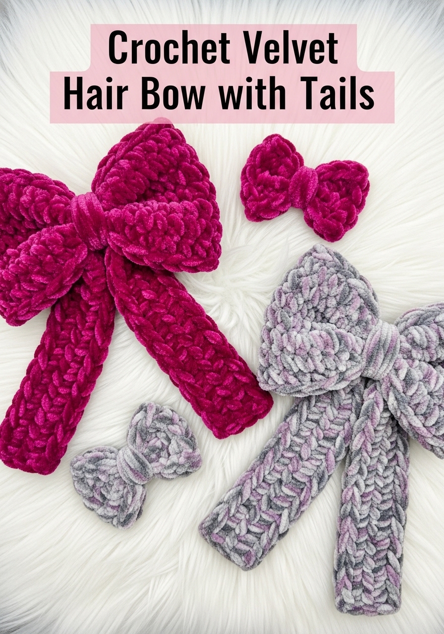 Crochet Velvet Hair Bow with Tails