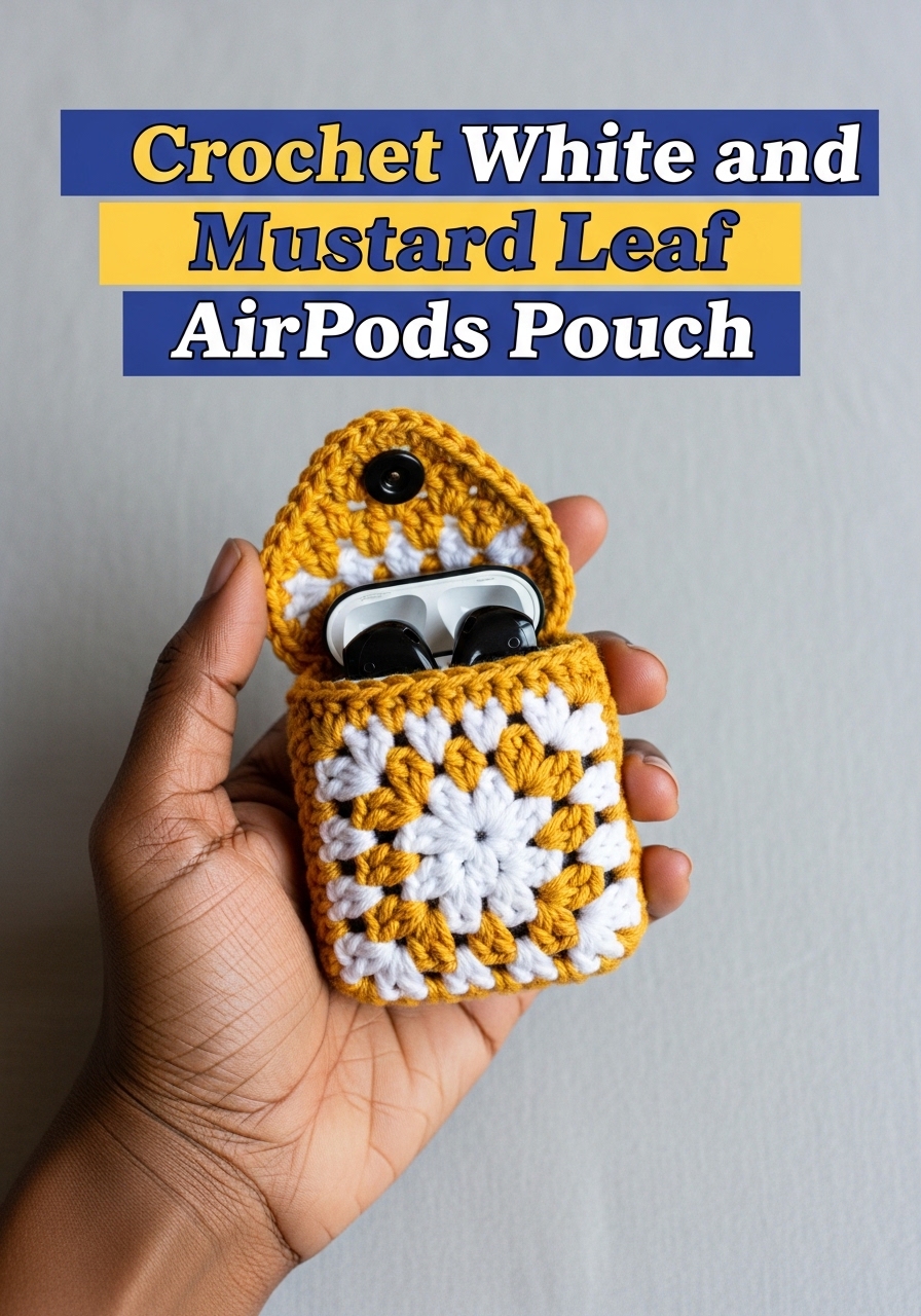 Crochet White and Mustard Leaf AirPods Pouch
