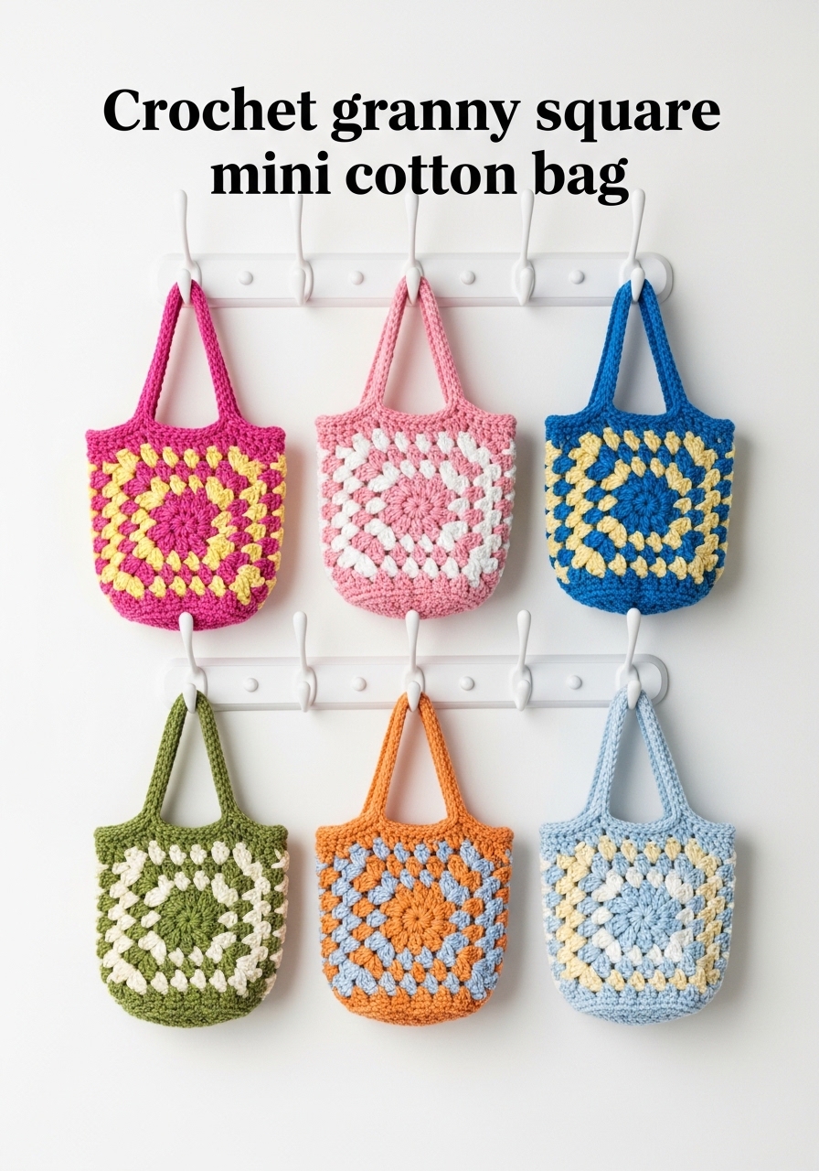 Crochet granny square mini cotton bag