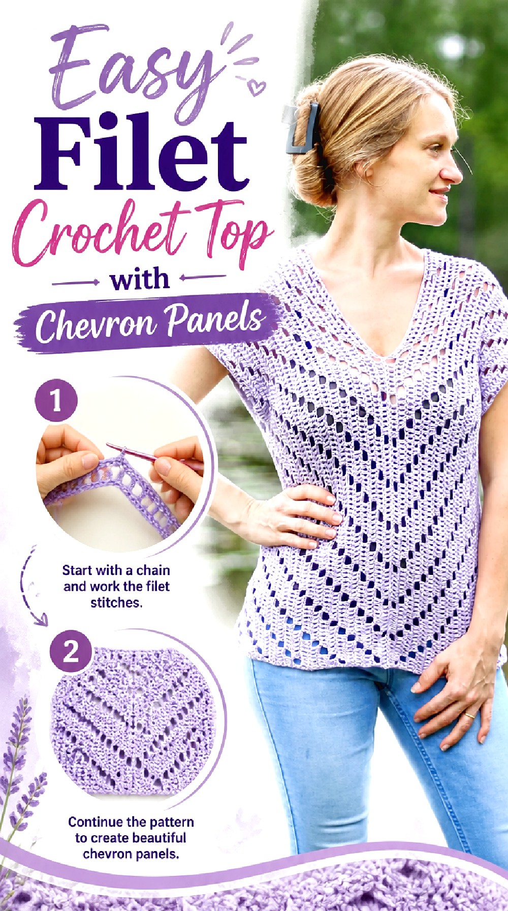 Easy Filet Crochet Top with Chevron Panels
