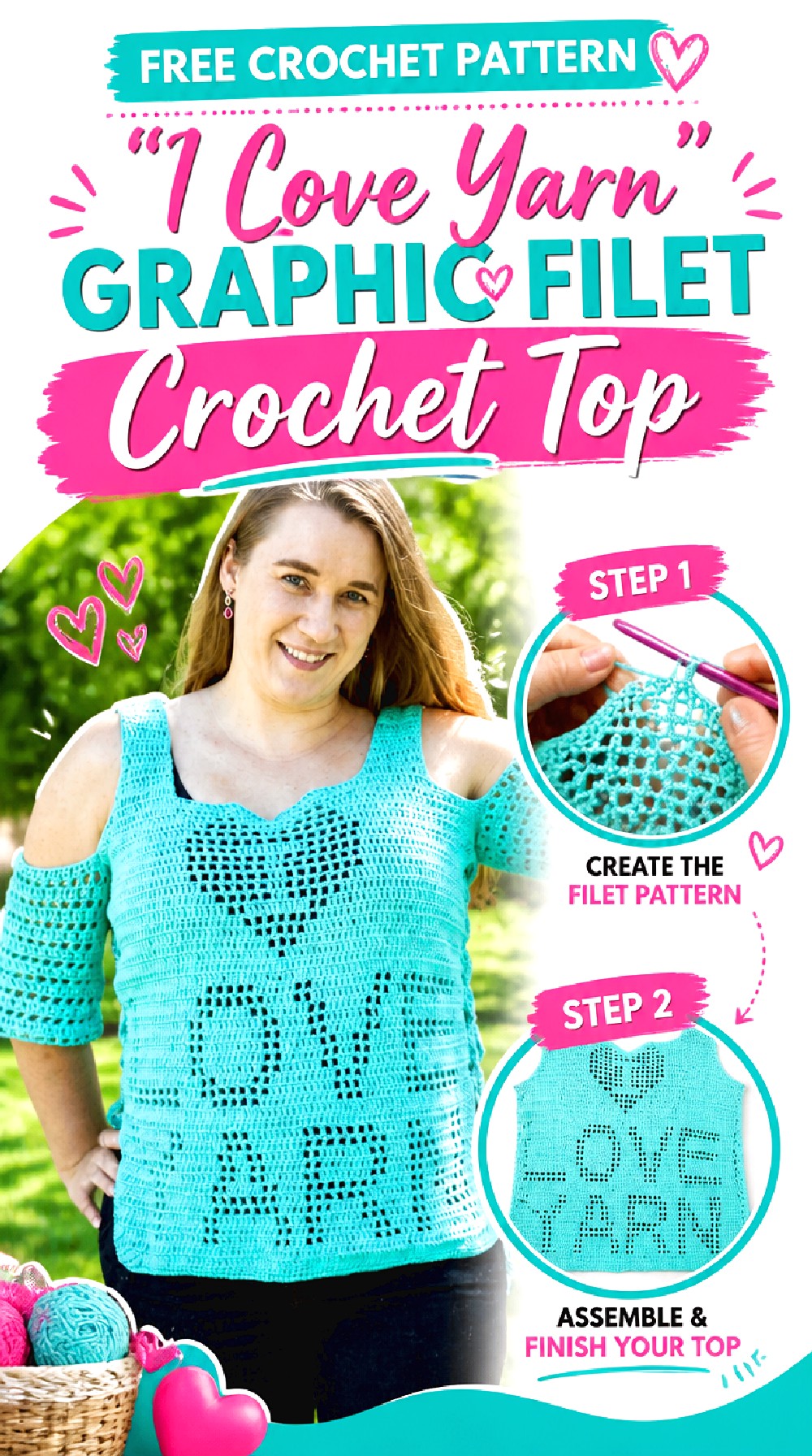 “I Love Yarn” Graphic Filet Crochet Top