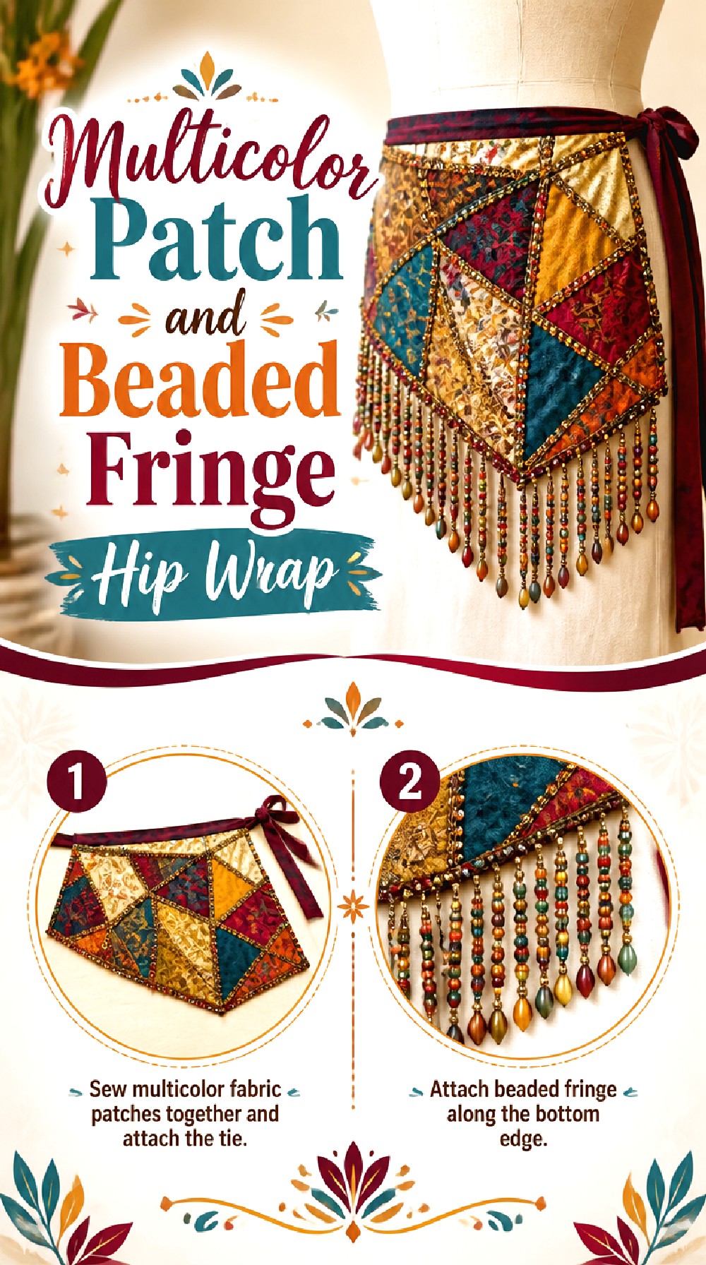 Multicolor Patch and Beaded Fringe Hip Wrap