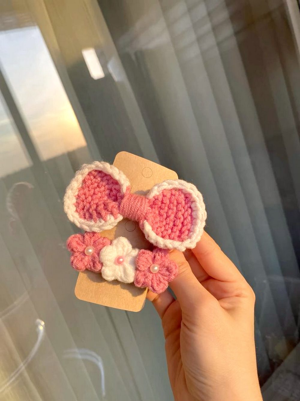 Pink Crochet Bow and Flower Hair Clip Set